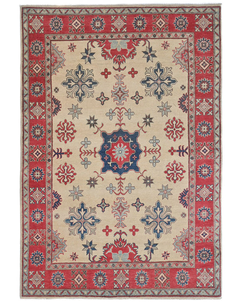 5x7 Beige Kuba Afghan Hand Knotted Wool Area Rug